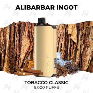 Gold Alibarbar Ingot vape device with a rocky backdrop, labeled Tobacco Classic, 9,000 puffs.