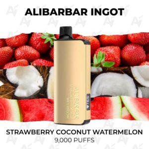 Gold vape device centered against a background of strawberries, coconut, and watermelon, with flavor text: Strawberry Coconut Watermelon — 9,000 puffs