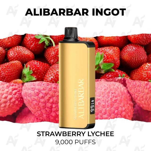 Alibarbar Ingot 9000 Puffs Strawberry Lychee - Just Vapes Australia - Gold Disposable Vape Device Labeled Alibarbar Ingot, Strawberry Lychee Flavor, 9,000 Puffs, Shown Against a Strawberry Background.