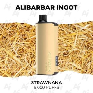 Alibarbar Ingot 9000 Puffs Strawnana - Just Vapes Australia - Gold Alibarbar Ingot Vape Device Labeled Strawnana, 9,000 Puffs, Set Against a Hay Background.