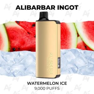 Alibarbar Ingot 9000 Puffs Watermelon Ice - Just Vapes Australia - Alibarbar-ingot-9000-puffs-watermelon-ice - Just Vapes Australia Alibarbar Ingot 9000 Puffs Watermelon Ice - Just Vapes Australia - Gold Alibarbar Ingot Vape Device Upright Against a Watermelon-and-ice Background, with Text Reading Watermelon Ice and 9,000 Puffs.