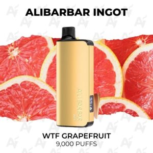 Gold vape pod with grapefruit slices in the background, flavor WTF Grapefruit, 9,000 puffs (Alibarbar Ingot).