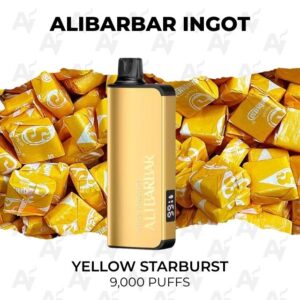 Alibarbar Ingot 9000 Puffs Yellow Starburst - Just Vapes Australia - Alibarbar-ingot-9000-puffs-yellow-starburst - Just Vapes Australia Alibarbar Ingot 9000 Puffs Yellow Starburst - Just Vapes Australia - Vape Device in Gold with Black Cap, Centered on a Background of Yellow Starburst Wrappers; Text Reads Yellow Starburst, 9,000 Puffs
