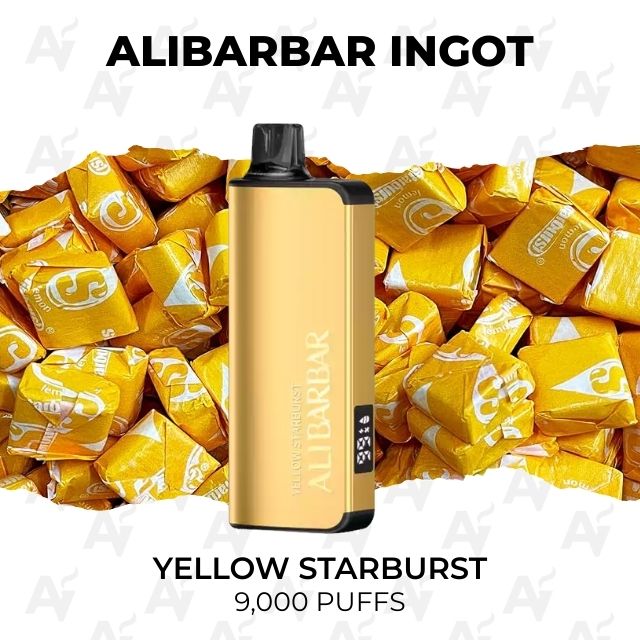 Alibarbar Ingot 9000 Puffs Yellow Starburst - Just Vapes Australia - Alibarbar-ingot-9000-puffs-yellow-starburst - Just Vapes Australia Alibarbar Ingot 9000 Puffs Yellow Starburst - Just Vapes Australia - Vape Device in Gold with Black Cap, Centered on a Background of Yellow Starburst Wrappers; Text Reads Yellow Starburst, 9,000 Puffs