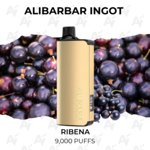 Gold vape mod with black mouthpiece centered on a grape background; branding reads Ribena and 9,000 puffs.