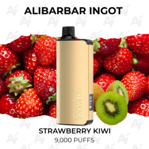 Alibarbar Ingot 9000 Puffs Strawberry Kiwi - Just Vapes Australia - Alibarbar-ingot-9000-strawberry-kiwi - Just Vapes Australia Alibarbar Ingot 9000 Puffs Strawberry Kiwi - Just Vapes Australia - Alibarbar Ingot Vape Device in Gold, Strawberry Kiwi Flavor, 9,000 Puffs, Shown Against a Background of Strawberries and Kiwis.