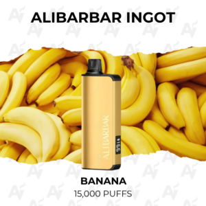 Gold disposable vape device with black mouthpiece, Banana flavor, set against a pile of bananas, shows 'BANANA' and '15,000 PUFFS'.