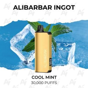 Product shot of the Alibabar Ingot vape device in gold with ice and mint leaves behind, displaying 'COOL MINT' and '30,000 PUFFS' text.