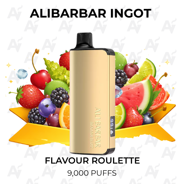 Alibarbar Ingot 9000 Puffs Flavour Roulette - Just Vapes Australia - Alibarbar-ingot-flavour-roulette - Just Vapes Australia Alibarbar Ingot 9000 Puffs Flavour Roulette - Just Vapes Australia - Gold Vaping Device Centered on a Colorful Fruit Pile, with Product Name Above and 'flavour Roulette' and '9,000 Puffs' Displayed Below.