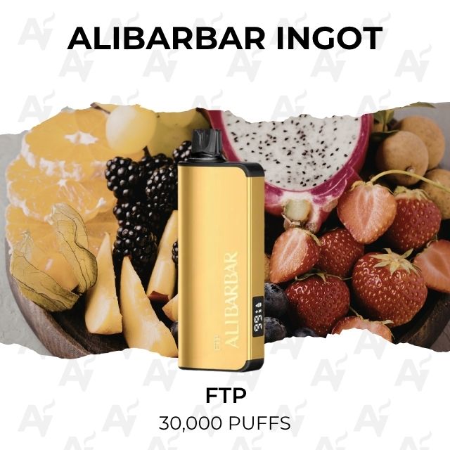 Alibarbar Ingot 30000 Puffs Ftp - Just Vapes Australia - Alibarbar-ingot-ftp-30000-puffs - Just Vapes Australia Alibarbar Ingot 30000 Puffs Ftp - Just Vapes Australia - Gold Alibarbar Ingot Vape Device Centered on a Fruit Platter with Berries; Caption Reads Ftp 30,000 Puffs.