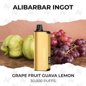 Gold/black disposable vape labeled ALIBARBAR INGOT beside guava and grapes; flavor Grape Fruit Guava Lemon, 30,000 puffs.