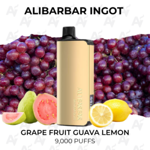 Gold vape pod in front of grape, guava, and lemon fruits; flavor Grapefruit Guava Lemon, 9,000 puffs.