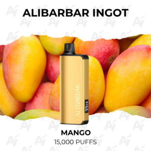 Gold AllIBARBAR Ingot vape device standing upright in front of ripe mangoes; flavor Mango, 15,000 puffs.