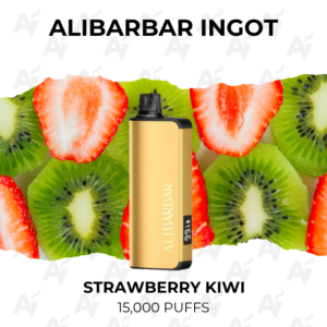 Gold Allibarbar Ingot vape pod with Strawberry Kiwi flavor, 15,000 puffs, set against a background of strawberry and kiwi slices.