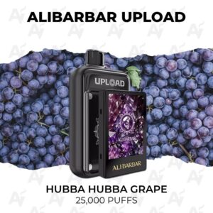 Black vape device with a screen and pod, set against a grape background; Hubba Hubba Grape, 25,000 puffs.