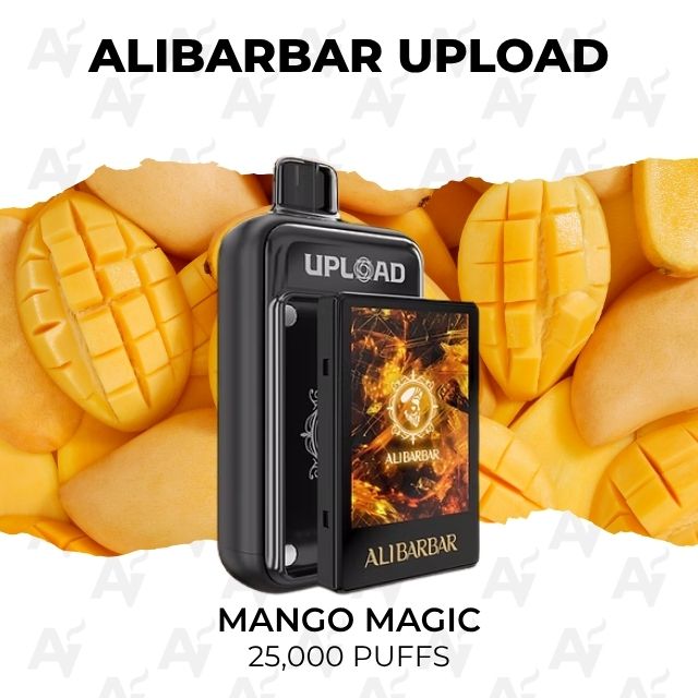 Alibarbar Upload 25000 Puffs Mango Magic - Just Vapes Australia - Buy Alibarbar Upload 25000 Puffs Online Australia | Full Flavours - Just Vapes Australia Alibarbar Upload 25000 Puffs Mango Magic - Just Vapes Australia - Mango-flavored Vape Device with Sliced Mango Background; Text Shows Mango Magic and 25,000 Puffs