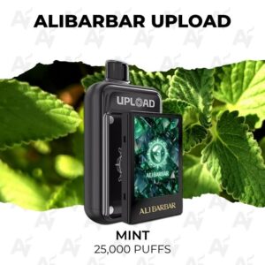 Mint Alibarbar Upload disposable vape device with 25,000 puffs, front-facing display and branding against green leaves background.