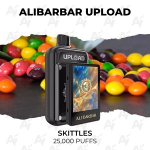 Black vape device with a fold-out screen amid colorful Skittles; top text shows ALIBARBAR UPLOAD, bottom notes SKITTLES 25,000 PUFFS