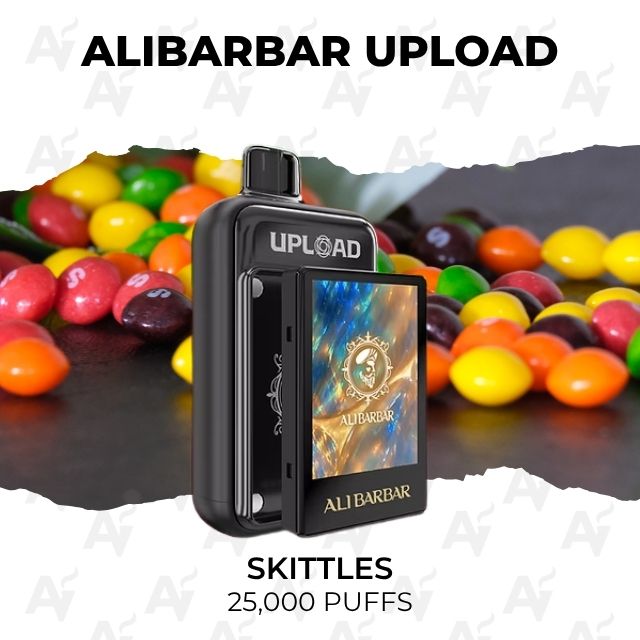 Alibarbar Upload 25000 Puffs Skittles - Just Vapes Australia - Black Vape Device with a Fold-out Screen Amid Colorful Skittles; Top Text Shows Alibarbar Upload, Bottom Notes Skittles 25,000 Puffs