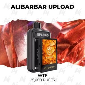Promo image of a black vape pod with a large screen showing branding, against a red crystal background and the text '25,000 Puffs' underneath.