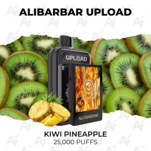 ALI BARBAR UPLOAD vape device with kiwi-pineapple flavor, set among kiwi slices; labeled 25,000 puffs.