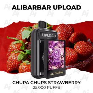 Disposable vape device with 'UPLOAD' branding on a strawberry-themed background, flavor 'Chupa Chups Strawberry', 25,000 puffs
