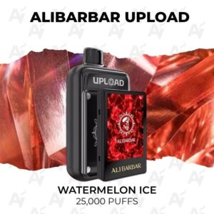 Black ALIBARBAR Upload vape device with Watermelon Ice flavor; shows 'Watermelon Ice' and '25,000 puffs' text against a red abstract background.