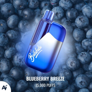 Blue and silver vape device on a bed of blueberries, labeled Blueberry Breeze with 15,000 puffs.
