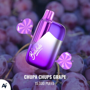 Purple vape device with a glossy purple top and silver body, branded 'Bubble', tilted over a grape background with decorative pink heart swirls; flavor is 'Chupa Chups Grape' and it lists '15,000 Puffs'.