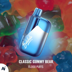 Blue vape device labeled 'Classic Gummy Bear' with 15,000 puffs, set against colorful gummy bear background.