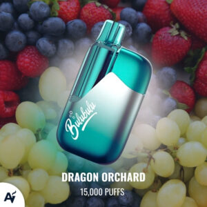 Teal and silver vape device with dual cartridges on a berry background; reads Dragon Orchard, 15,000 puffs.