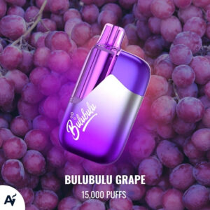 Purple Bulubulu Grape vape device resting on a bed of grapes, with '15,000 puffs' caption below. AV logo visible bottom left.
