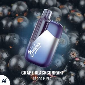 Purple vape device over dark blueberries, labeled Grape Blackcurrant and 15,000 puffs (product shot).