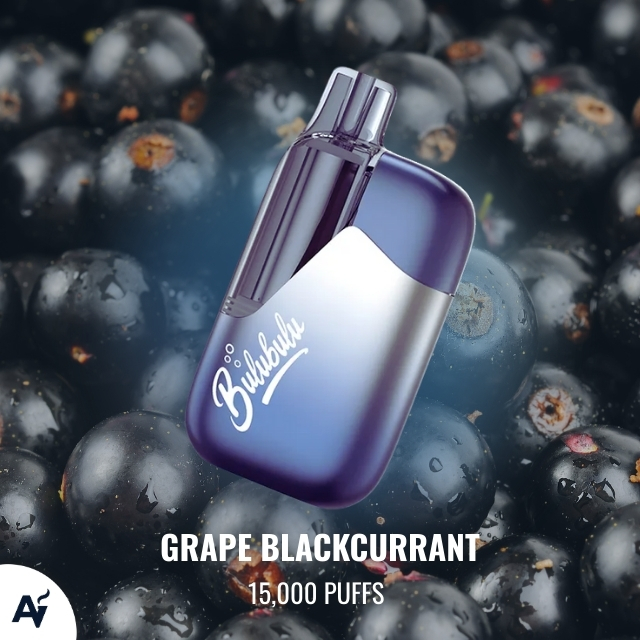 Bulubulu Grape Blackcurrant 15k Puffs - Just Vapes Australia - Purple Vape Device over Dark Blueberries, Labeled Grape Blackcurrant and 15,000 Puffs (product Shot).