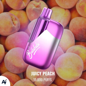 Purple vape device with Juicy Peach and 15,000 puffs, placed over a peach background.