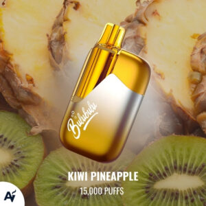 Gold vape bottle angled against pineapple slices and kiwi, labeled Kiwi Pineapple—15,000 puffs, flavor advertisement.
