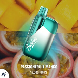 Teal and silver vape bottle with a 'Bubble' logo on a passionfruit and mango backdrop, flavor Passionfruit Mango, 15,000 puffs.