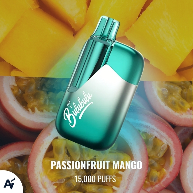 Bulubulu Passionfruit Mango 15k Puffs - Just Vapes Australia - Teal and Silver Vape Bottle with a 'bubble' Logo on a Passionfruit and Mango Backdrop, Flavor Passionfruit Mango, 15,000 Puffs.