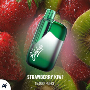 Green, curved vape device labeled 'Bubble' tilted among strawberries and kiwis; text reads 'STRAWBERRY KIWI' and '15,000 PUFFS'.
