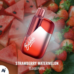 Red strawberry–watermelon flavored vape device resting on watermelon slices and strawberries, with the text 'Strawberry Watermelon' and '15,000 puffs'.