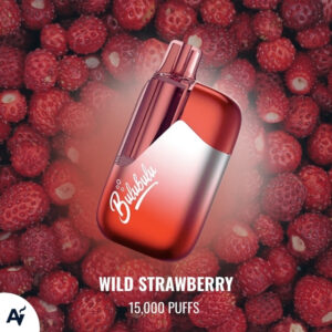 Red Burberry Wild Strawberry vape bottle perched over a bed of raspberries, with bold 'WILD STRAWBERRY' and '15,000 PUFFS' text (advertisement).