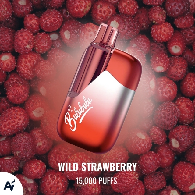 Bulubulu Wild Strawberry 15000 Puffs - Just Vapes Australia - Red Burberry Wild Strawberry Vape Bottle Perched over a Bed of Raspberries, with Bold 'wild Strawberry' and '15,000 Puffs' Text (advertisement).
