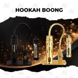 Row of black and gold hookah devices arranged on a sparkling black-and-gold background with the heading HOOKAH BOONG above them.