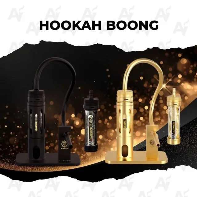 Alibarbar Hookah Onyx Device - Just Vapes Australia - Hookah-boongwebp - Just Vapes Australia Alibarbar Hookah Onyx Device - Just Vapes Australia - Row of Black and Gold Hookah Devices Arranged on a Sparkling Black-and-gold Background with the Heading Hookah Boong Above Them.