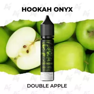 Hookah Onyx Double Apple e-liquid bottle centered amid green apples; brand name and flavor text visible.