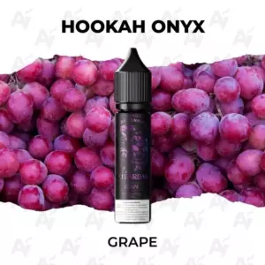 Hookah Onyx grape e-liquid bottle centered amid a cluster of purple grapes; flavor label reads 'GRAPE'.