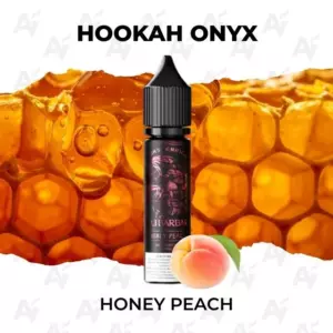 Hookah Onyx Honey Peach e-liquid bottle centered, with a peach and honeycomb background behind it.