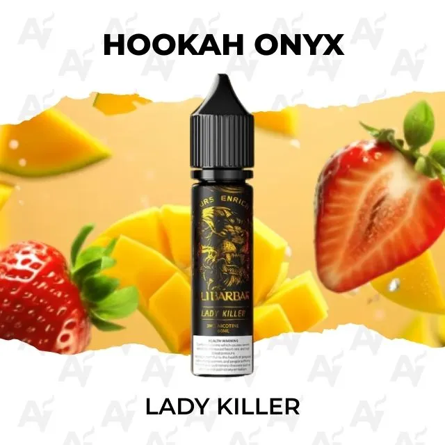 Hookah Onyx Lady Killer - Just Vapes Australia - Central Bottle Labeled ‘lady Killer’ E-liquid for Hookah Onyx, Flanked by Sliced Mango and Strawberries in a Fruity Background.