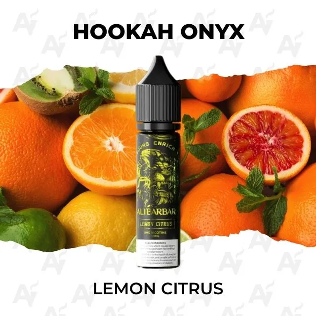 Hookah Onyx Lemon Citrus - Just Vapes Australia - Hookah Onyx Lemon Citrus E-liquid Bottle Centered Among Sliced Oranges and Grapefruits.