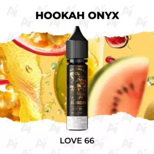 Love 66 e-liquid bottle by Hookah Onyx, front and center with a fruity background.